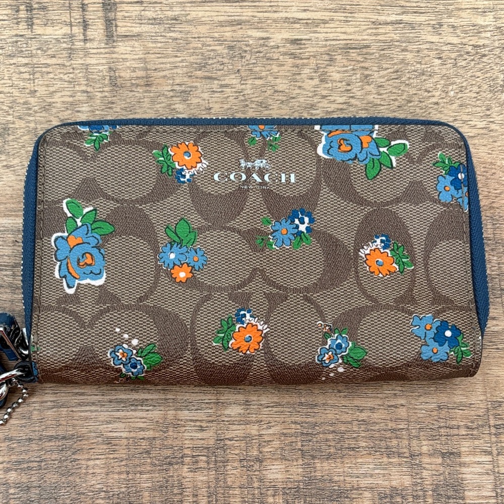 Coach Brown Wallet with Blue and Orange Floral Design